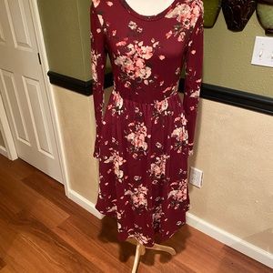 Burgundy and floral reborn j dress with pockets